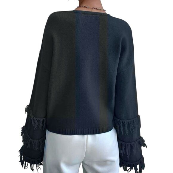 UMGEE Blue Sweater Fringe Bell Sleeves V Neck Boxy Cable Knit - Picture 3 of 9